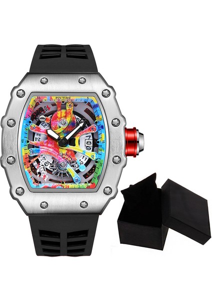 QT336-7 Kutu ile Modern Tasarım Erkekler Izle Spor Aydınlık Su Geçirmez Askeri Otomatik Elmas Izle Adam Erkekler Için Silikon Kayış Tonneau Dial (Yurt Dışından)