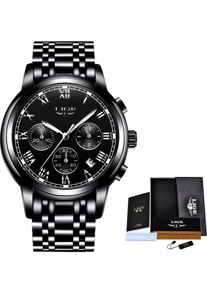 Siyah Gümüş S Lıge Chronograph Quartz Saat Erkekler Için Spor Su Geçirmez Tarih Lüks Deri Izle Analog Saat Erkek Saatler Iş Kol Saati (Yurt Dışından)