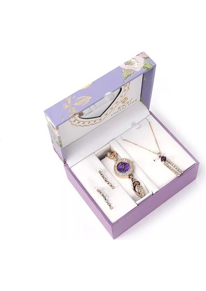 Mor Set 3 Adet/takım Lüks Moda Çelik Şerit Kuvars Izle Kadınlar Elmas Bilezik Saatler Kolye Küpe Kolye Bayanlar Için Hediye (Yurt Dışından)