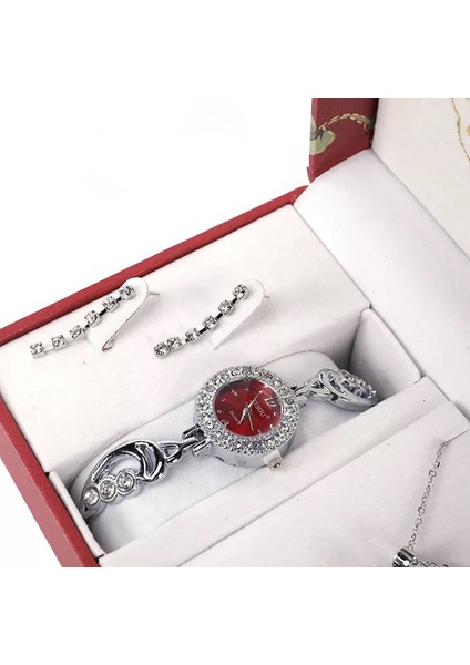 Mor Set 3 Adet/takım Lüks Moda Çelik Şerit Kuvars Izle Kadınlar Elmas Bilezik Saatler Kolye Küpe Kolye Bayanlar Için Hediye (Yurt Dışından)