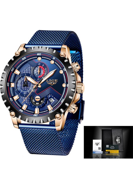 Gül Altın Mavi Lıge Chronograph Izle Adam Üst Marka Lüks Paslanmaz Çelik Hasır Moda Kuvars Bilek Saatler Erkekler Için Su Geçirmez Tarih Saat Hediye (Yurt Dışından)