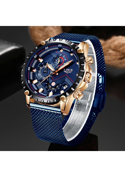 Gül Altın Mavi Lıge Chronograph Izle Adam Üst Marka Lüks Paslanmaz Çelik Hasır Moda Kuvars Bilek Saatler Erkekler Için Su Geçirmez Tarih Saat Hediye (Yurt Dışından)