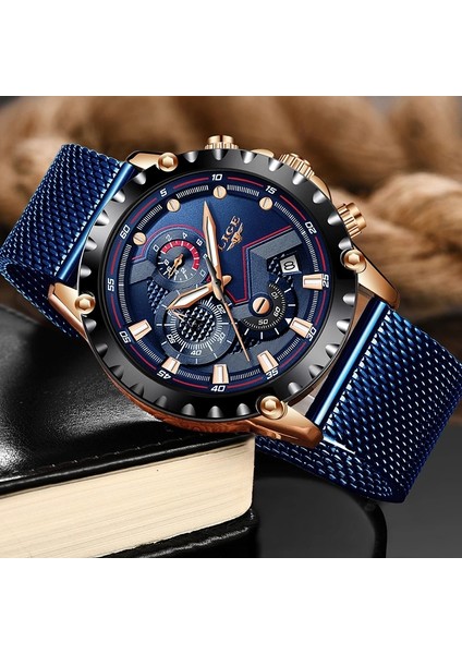 Gül Altın Mavi Lıge Chronograph Izle Adam Üst Marka Lüks Paslanmaz Çelik Hasır Moda Kuvars Bilek Saatler Erkekler Için Su Geçirmez Tarih Saat Hediye (Yurt Dışından)