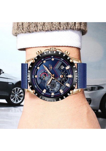 Gül Altın Mavi Lıge Chronograph Izle Adam Üst Marka Lüks Paslanmaz Çelik Hasır Moda Kuvars Bilek Saatler Erkekler Için Su Geçirmez Tarih Saat Hediye (Yurt Dışından)
