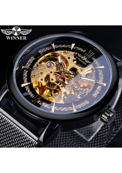 GMT1130-7 Kazanan Klasik Erkekler Mekanik Izle Siyah Altın Ince Analog Örgü Çelik Bant Erkek Gündelik Elbise Kol Saati Saat Adam Için (Yurt Dışından)