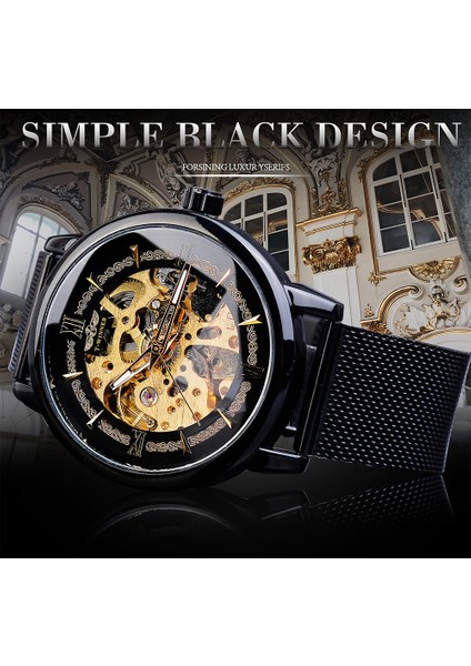 GMT1130-7 Kazanan Klasik Erkekler Mekanik Izle Siyah Altın Ince Analog Örgü Çelik Bant Erkek Gündelik Elbise Kol Saati Saat Adam Için (Yurt Dışından)