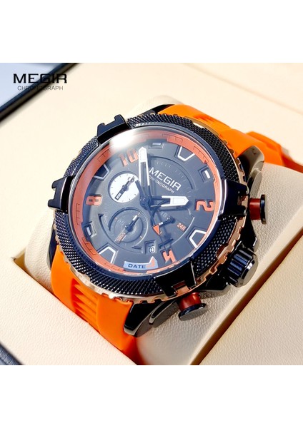 Siyah Kırmızı Kutu Megır Moda Izle Erkekler Için Turuncu Silikon Kayış Spor Kronograf Kuvars Kol Saati Tarih 24 Saat Ekran 3ATM Su Geçirmez (Yurt Dışından) modelleri