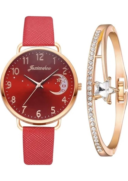 XR4379-RD-RG Kadın Izle Ay Numaraları Dial Bilezik Saatler Set Bayanlar Deri Band Kuvars Kol Saati Kadın Kadın Saat Relogio Mujer Sıcak (Yurt Dışından)