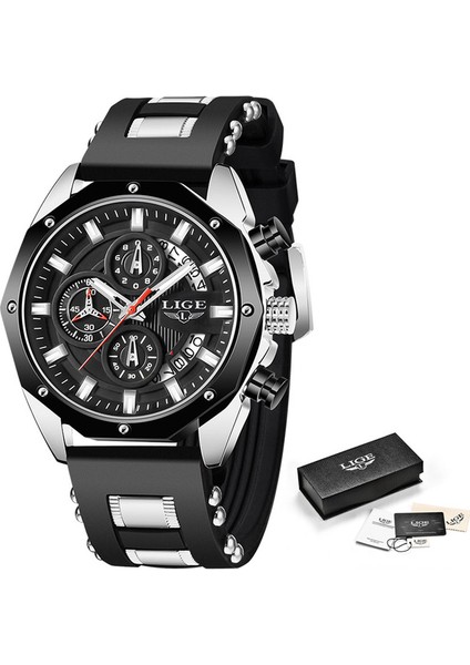 Gümüş Siyah 2022 Lıge Yeni Moda Erkek Saatler Top Marka Lüks Silikon Spor Izle Erkekler Kuvars Tarih Saat Su Geçirmez Kol Saati Chronograph (Yurt Dışından)