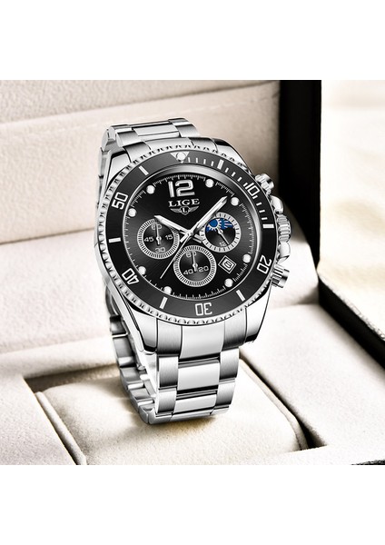 Gümüş Siyah Lıge Lüks Moda Erkek Izle 30 M Su Geçirmez Tarih Saatler Spor Saatler Erkek Kuvars Kol Saati Relogio Masculino + Kutu 2022 Yeni (Yurt Dışından)