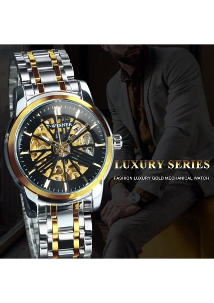 Gümüş-Sıyah Kazanan Lüks Otomatik Erkek Izle Altın Şeffaf Mekanik Saatler Klasik Retro Paslanmaz Çelik Kayış Reloj Hombre (Yurt Dışından) modelleri