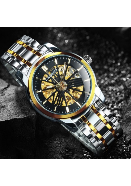 Gümüş-Sıyah Kazanan Lüks Otomatik Erkek Izle Altın Şeffaf Mekanik Saatler Klasik Retro Paslanmaz Çelik Kayış Reloj Hombre (Yurt Dışından) fırsatları