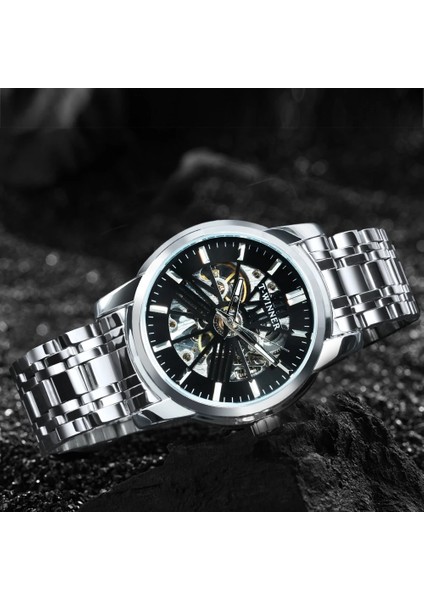 Gümüş-Sıyah Kazanan Lüks Otomatik Erkek Izle Altın Şeffaf Mekanik Saatler Klasik Retro Paslanmaz Çelik Kayış Reloj Hombre (Yurt Dışından) indirimleri