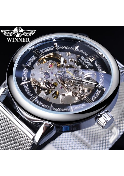 GMT1130-4 Kazanan Moda Gümüş Mekanik Saat Otomatik Erkek Örgü Bant Steampunk Şeffaf Paslanmaz Çelik Spor Kol Saati (Yurt Dışından) fiyatları