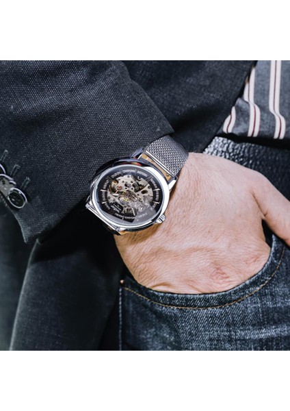 GMT1130-4 Kazanan Moda Gümüş Mekanik Saat Otomatik Erkek Örgü Bant Steampunk Şeffaf Paslanmaz Çelik Spor Kol Saati (Yurt Dışından) fırsatları