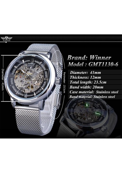 GMT1130-4 Kazanan Moda Gümüş Mekanik Saat Otomatik Erkek Örgü Bant Steampunk Şeffaf Paslanmaz Çelik Spor Kol Saati (Yurt Dışından) indirimleri