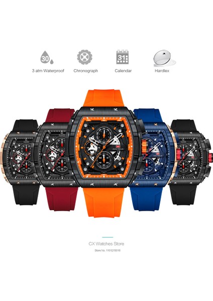 0399RED-BOX Mını Focus Chronograph Quartz Saat Erkekler Için Tonneau Dial Askeri Spor Kol Saati, Turuncu Silikon Kayış Otomatik Tarih 0399 (Yurt Dışından)