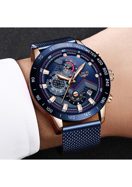 Gül Altın Tamamen Mavi Lıge Moda Lüks Örgü Kemer Kuvars Izle Erkekler Için Su Geçirmez Bilek Saatleri Iş Spor Rahat Tarih Saat Adam Kronograf + Kutu (Yurt Dışından)