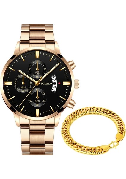 Gül Altın Siyah Set Reloj Hombre Moda Erkekler Paslanmaz Çelik Izle Lüks Takvim Kuvars Kol Saati Iş Saatleri Adam Saat Relogio Masculino (Yurt Dışından)