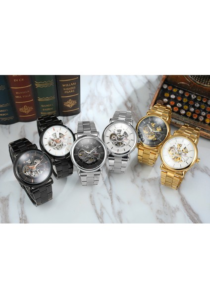 Gümüş Forsınıng Altın Mekanik Saat Delikli Tırnak Ölçeği Mekanik Saat Rahat Moda Çelik Kayış Kol Saati (Yurt Dışından) modelleri