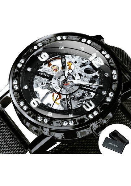 Bo All-Black Forsınıng Lüks Izle Erkekler Için Mekanik Buzlu Kol Saatleri Moda Gümüş Örgü Çelik Kayış Часы Мужские Спортивные (Yurt Dışından)