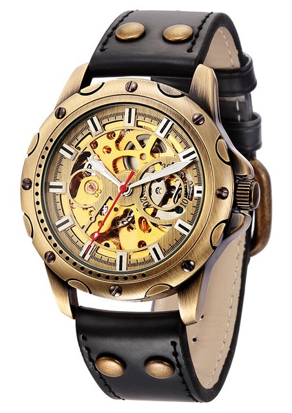 Siyah Bronz Shenhua Erkek Bilek Otomatik Mekanik Izle Klasik Retro Steampunk Kendinden Kurmalı Erkek Kol Saatleri Deri Adam Saat (Yurt Dışından)