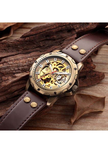 Siyah Bronz Shenhua Erkek Bilek Otomatik Mekanik Izle Klasik Retro Steampunk Kendinden Kurmalı Erkek Kol Saatleri Deri Adam Saat (Yurt Dışından) fırsatları