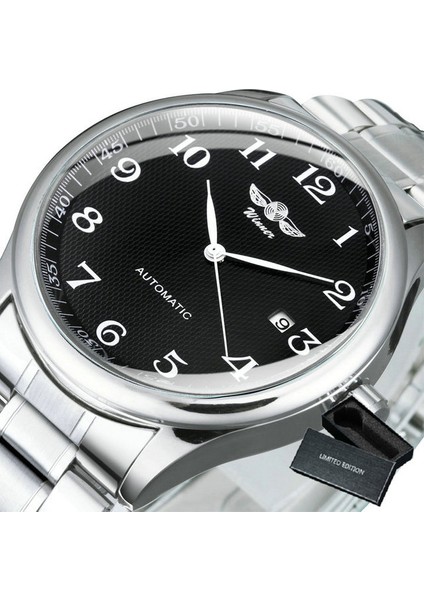 Bo Metal Sıyah Moda Iş Otomatik Mekanik Saat Erkekler Time Master Deri Kayış Beyaz Kadran Takvim Tarih Montre Homme Kazanan Klasik (Yurt Dışından)