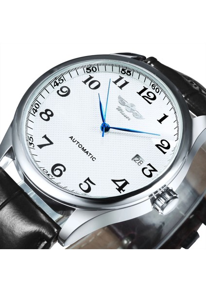 Bo Metal Sıyah Moda Iş Otomatik Mekanik Saat Erkekler Time Master Deri Kayış Beyaz Kadran Takvim Tarih Montre Homme Kazanan Klasik (Yurt Dışından) modelleri