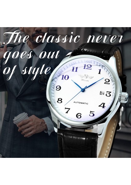 Bo Metal Sıyah Moda Iş Otomatik Mekanik Saat Erkekler Time Master Deri Kayış Beyaz Kadran Takvim Tarih Montre Homme Kazanan Klasik (Yurt Dışından) fırsatları