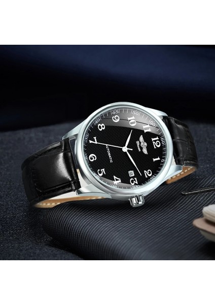 Bo Metal Sıyah Moda Iş Otomatik Mekanik Saat Erkekler Time Master Deri Kayış Beyaz Kadran Takvim Tarih Montre Homme Kazanan Klasik (Yurt Dışından) indirimleri