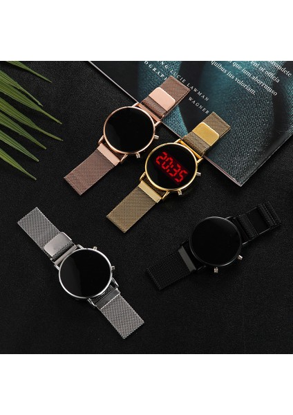 D Moda Lüks Gül Altın Dijital Kırmızı LED Kadranlı Saatler Kadınlar Için Hediye Paslanmaz Çelik Tel Örgü Kemer Quartz Saat Bayanlar Mıknatıslı Saat (Yurt Dışından)