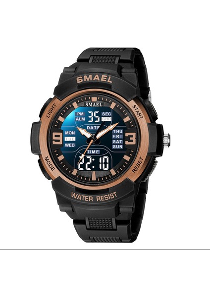 Siyah Gül Altın Smael Alaşım Kasa Spor Izle Erkekler Askeri Kuvars Izle Mavi Arka Işık Çift Ekran Kol Saati Erkek Kronometre LED Dijital Saat (Yurt Dışından)