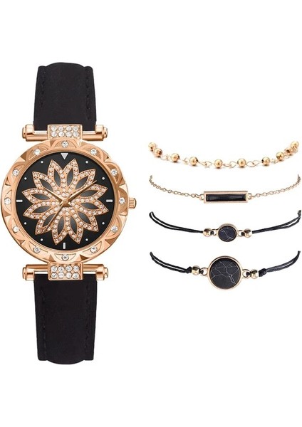 XR3874 5 Adet Kadın Saatler Set Yeni Gül Altın Yeşil Bayanlar Bilezik Izle Kol Saati Bayan Kuvars Elbise Saat Bayanlar Feminino Reloj (Yurt Dışından)