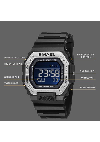 8059BLACK Dijital Saat Elektronik Smael Bilek Izle Şok Kronometre 50 M Su Geçirmez Dikdörtgen LED Clocke 8059 Erkek Saatleri Spor Adam (Yurt Dışından)