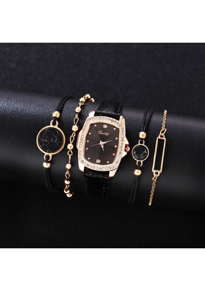 Altın Siyah 5 Adet Gaiety Marka Lüks Moda Bilezik Saat Seti Kadın Deri Band Kuvars Kol Saati Saatler Bayanlar Siyah Saat Reloj Mujer (Yurt Dışından)