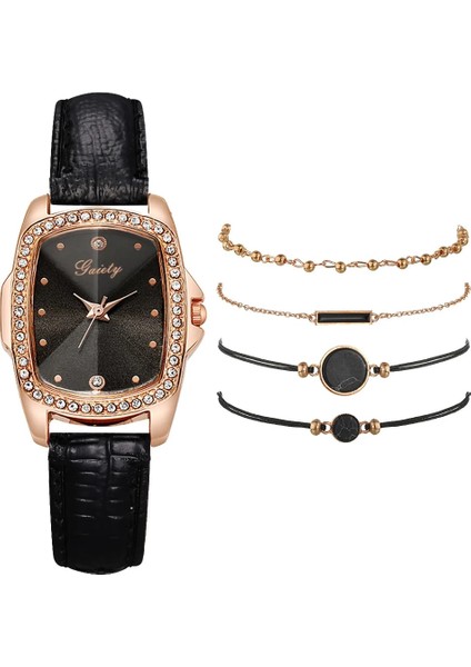 Altın Siyah 5 Adet Gaiety Marka Lüks Moda Bilezik Saat Seti Kadın Deri Band Kuvars Kol Saati Saatler Bayanlar Siyah Saat Reloj Mujer (Yurt Dışından)