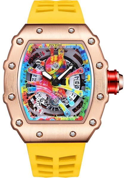 QT336-6 Modern Tasarım Erkekler Izle Spor Aydınlık Su Geçirmez Askeri Otomatik Elmas Izle Adam Erkek Silikon Kayış Tonneau Dial (Yurt Dışından)