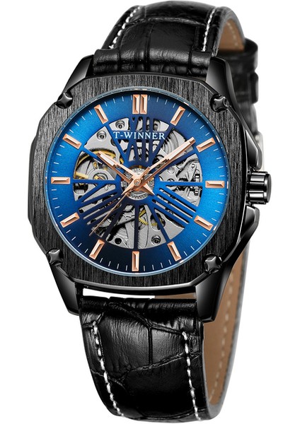 03 T-Kazanan Moda Minimalist Tarzı Içi Boş Mekanik Hareket Mekanik Saat Siyah Dairesel Bilek Kayışı Mekanik Saat (Yurt Dışından)