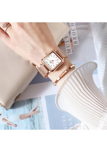 Stil 2 Yeni Kare Kadın Lüks Marka Izle Kuvars Bayanlar Gül Altın Izle Kol Saati Kadın Moda Bilezik Saatler Saat Reloj Mujer (Yurt Dışından)