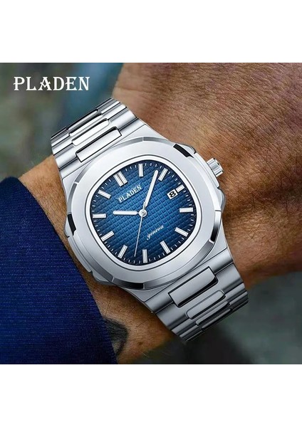 PL1023 Pladen Iş Erkekler Izle Lüks Moda Kuvars Kol Saati Erkek Paslanmaz Çelik Kayış Degrade Mavi Su Geçirmez Takvim Izle (Yurt Dışından)