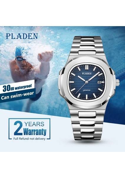 PL1023 Pladen Iş Erkekler Izle Lüks Moda Kuvars Kol Saati Erkek Paslanmaz Çelik Kayış Degrade Mavi Su Geçirmez Takvim Izle (Yurt Dışından)