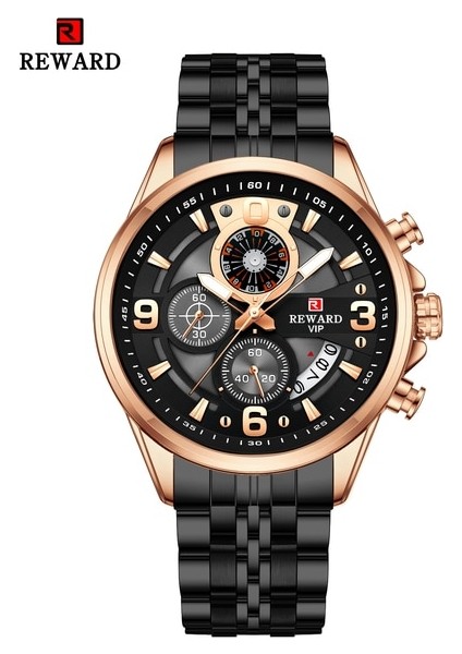 Gül Siyah Ödül Vıp Tasarım Kuvars Saatler Erkekler Için Su Geçirmez Spor Kol Saati Paslanmaz Çelik Chronograph Aydınlık Bilek Saatler Erkek Için (Yurt Dışından)