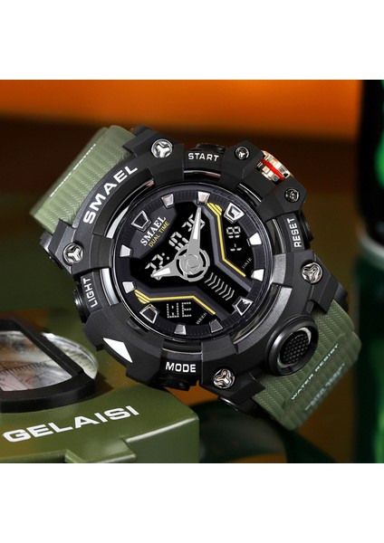 Armygreen Smael Çift Ekran Spor Izle Erkekler Için Su Geçirmez Lüks Mavi Arka Işık LED Saat Erkek Kuvars Dijital Askeri Kol Saati Erkek (Yurt Dışından)