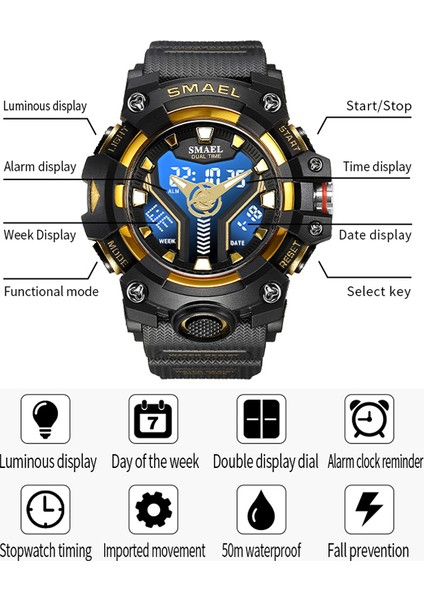 Armygreen Smael Çift Ekran Spor Izle Erkekler Için Su Geçirmez Lüks Mavi Arka Işık LED Saat Erkek Kuvars Dijital Askeri Kol Saati Erkek (Yurt Dışından) modelleri