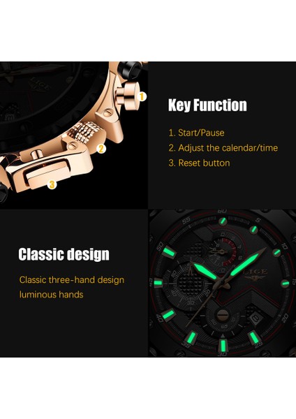 Gül Altın Siyah Orijinal Lıge Erkek Saat Marka Lüks Erkekler Için Izle Spor Kuvars Saatler Aydınlık Su Geçirmez Kol Saati Chronograph Tarih Saat (Yurt Dışından)