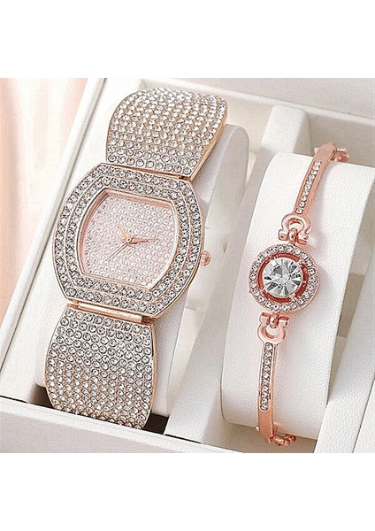 Gül Altın Seti Lüks Tam Elmas Kadın Bilezik Saat Seti Moda Paslanmaz Çelik Band Kuvars Saatler Relogio Feminino Montre Femme (Yurt Dışından)