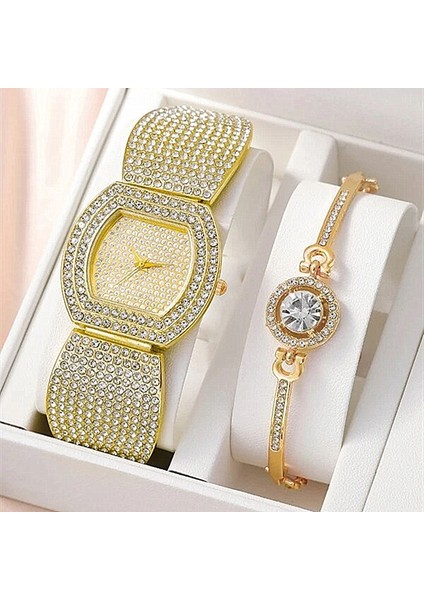 Gül Altın Seti Lüks Tam Elmas Kadın Bilezik Saat Seti Moda Paslanmaz Çelik Band Kuvars Saatler Relogio Feminino Montre Femme (Yurt Dışından) fırsatları