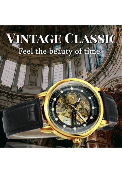 Kutu Altın Beyaz Kazanan Klasik Retro Mekanik Saatler Lüks Şeffaf Erkek Izle Moda Deri Kayış Aydınlık Kadran Erkek Saat (Yurt Dışından) modelleri