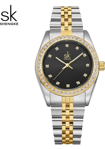 Altın Siyah Lüks Orijinal Su Geçirmez Relogio Feminino Shengke Altın Bilezik Izle Kadınlar Hassas Kuvars Izle Kadınlar Için Ayarlanabilir Saat (Yurt Dışından)